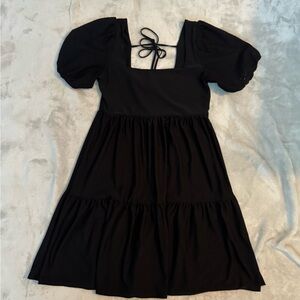 BCBG Paris Short Black Dress with Puff Patterned Sleeves Flowy